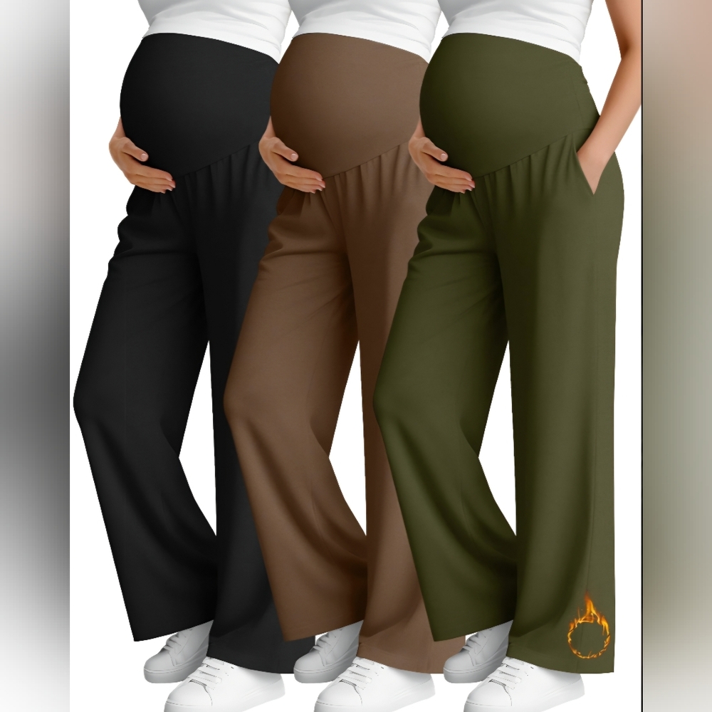 Oakgarden Maternity Wide-Leg Pants 3 Pack Black, Brown, and Green SIZE L